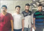  ?? SOURCED ?? The gang members after their arrest on Tuesday. The gang took remote access of a SSC candidate’s computers during the examinatio­n and solved question papers for them.