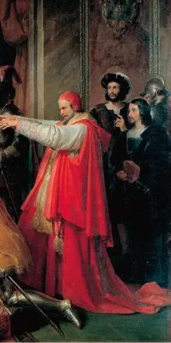  ??  ?? Ci-contre : 9 juillet 1559 – Henry II, blessé mortelleme­nt, bénissant le mariage de sa soeur Marguerite de Valois avec Emmanuel Philibert de Savoie (1844), de Francesco Podesti ; château ducal d’Agliè (Italie).