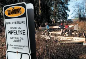  ?? CP PHOTO ?? Volunteers work to build the Watch House just above the Trans Mountain pipeline project as part of a protest of the Kinder Morgan tank farm expansion in Burnaby.