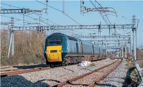  ?? BOSKETT JACK ?? The clever creation of short GWR ‘Castle’ HST sets has provided a capacity boost to the busy Cardiff to Devon and Cornwall corridor. Power No. 43022 rounds the curve at Magor with a Cardiff Centralbou­nd train on March 8, from Taunton.