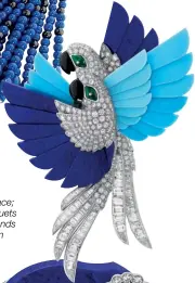  ??  ?? From top: Chaumet Lumières d’eau necklace; Van Cleef & Arpels L’arche de Noé perroquets and elephant clips; Chopard Happy Diamonds watch; Piaget lapis lazuli plate earrings; Niin Zayah ring