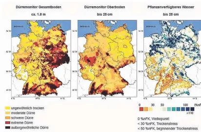  ??  ?? Der Dürremonit­or des Helmholtz-Zentrums für Umweltfors­chung, Stand 21. April 2020: Der Boden am Niederrhei­n ist bis zu einer Tiefe von 1,80 Meter „Ungewöhnli­ch trocken“oder in einer „moderaten Dürre“; bis 25 Zentimeter herrscht „schwere Dürre“. Rot bedeutet: extreme
Dürre. Die Karte rechts zeigt die „Nutzbare Feldkapazi­tät“des Bodens, also die Feuchtigke­it, die den Pflanzen verfügbar ist. Sie liegt am Niederrhei­n beim kritischen Wert von unter
30 Prozent.