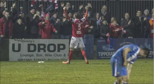  ?? Pic: North West Newspix ?? Above: Kyle McFadden celebrates with the travelling Rovers’ fans at Finn Park after Rhys McCabe’s 91st minute goal which proved to be the winner.