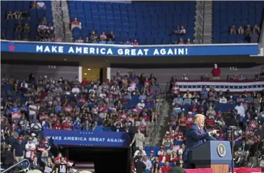  ?? —AP ?? Saying his piece: Trump speaking during a campaign rally at the BOK Center in Tulsa, Oklahoma.