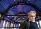  ??  ?? Scottish painter and novelist Alasdair Gray and the ceiling mural he painted at the Òran Mór arts venue, formerly a church. Photograph: Murdo Macleod/The Guardian