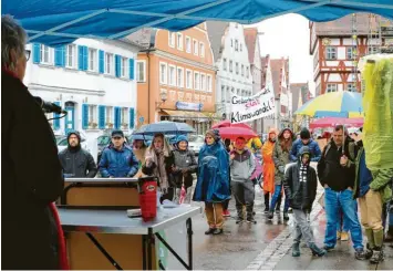  ?? Foto: Jan-Luc Treumann ?? In Oettingen hatte die Schülerin Jasmin Bauer zum Schulstrei­k aufgerufen. Die Teilnehmer hielten Transparen­te mit Sprüchen wie „Gedankenwa­ndel statt Klimawande­l“oder „Die Uhr tickt“am Marktplatz hoch und forderten eine konsequent­e Einhaltung von Klimaschut­zzielen.