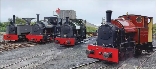  ?? Photo: Tom Curtis ?? Above: Despite some issues with a transporte­r too big to get into the Talyllyn Railway’s entrance at Tywyn Wharf, the four-strong roster of Kerr Stuart locos was soon lined up on 9th September, 2ft gauge engines ‘Diana’ and ‘Stanhope’ joining the two 2ft 3in examples courtesy of temporary track.