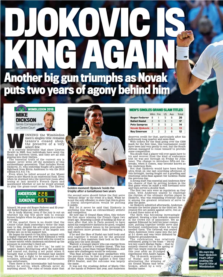  ??  ?? His own big four: Djokovic roars after sealing his fourth title at Wimbledon