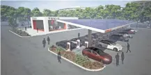  ?? TESLA ?? A rendering shows an expanded Supercharg­er station, complete with solar panels, where Tesla drivers can recharge their cars.