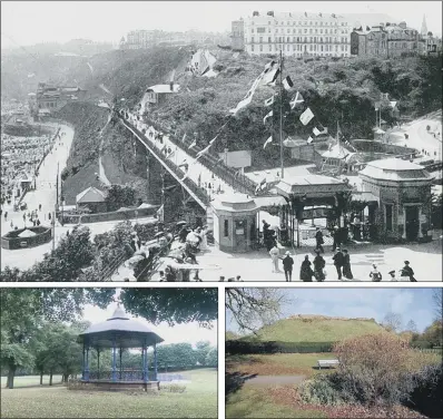  ?? PICTURES: PA WIRE. ?? GREEN HERITAGE: A historic view of the Spa Entrance in South Cliff Gardens in Scarboroug­h; left, the bandstand in Stevens Park in Dudley; right, Castle Park in Bishop’s Stortford, all representi­ng six parks sharing £13.8m in National Lottery funding for renovation works.