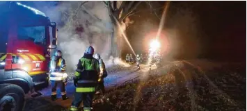  ?? Foto: Feuerwehr Mering ?? 158 Mal rückten die Meringer Feuerwehrl­eute im Jahr 2016 aus. Hier löschten sie einen brennenden Baum im Rieder Ortsteil Hör mannsberg.