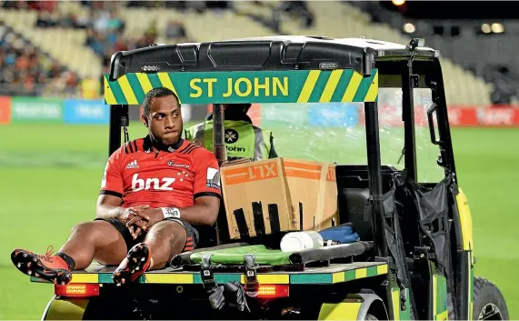  ?? GETTY IMAGES ?? Crusaders’ Manasa Mataele is taken off injured on an ambulance during the round two Super Rugby match against the Hurricanes.
