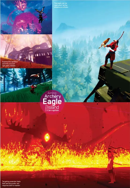  ??  ?? Explore the sandbox world to uncover new story details.
Targeting enemies feels fast and accurate, but requires skill to master.
The eagle can be ‘upgraded’ as the adventure unfolds. Aiming Archery Eagle Island Corruption
