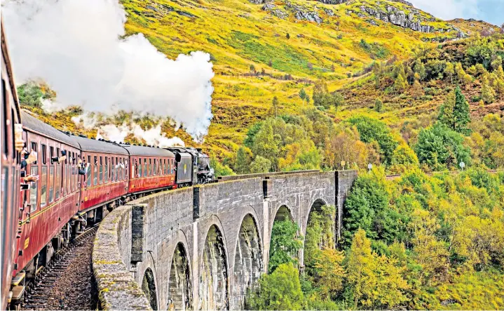  ?? ?? The Jacobite steam train runs along the route between Fort William and Mallaig. The railway line featured in four of the Harry Potter films and resulted in the service being called the ‘Hogwarts Express’, providing a boost for tourism in the region