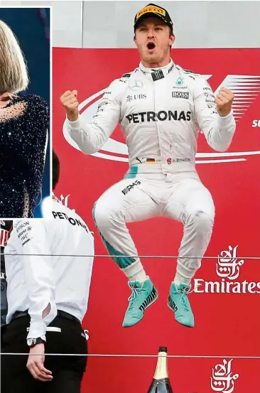  ?? — AP / Reuters ?? What a thrill: Mercedes’ Nico Rosberg celebratin­g on the podium after winning the Japanese Formula One Grand Prix at Suzuka on Oct 9. Inset: Taylor Swift has signed on for a night show at the US Grand Prix tomorrow.