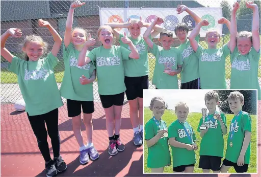  ??  ?? Youngsters representi­ng All Saints Upton School in Widnes were one of three Halton schools who won a Spirit Of The Games honour at the Merseyside School Games Summer Finals held at Wavertree Sports Park in Liverpool; ( inset) pupils from Lunts Heath Primary School from Widnes celebrate winning the gold medal in the mini red tennis competitio­n.