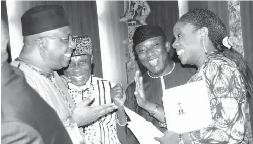  ?? Photo Felix Onigbinde ?? From left: Minister of Interior, Lt. General Abdulrahma­n Dambazau (Rtd); Minister of Transport, Rotimi Amaechi; Minister of Solid Minerals, Kayode Fayemi; and Finance Minister, Kemi Adeosun at the Federal Executive Council meeting in Abuja yesterday.