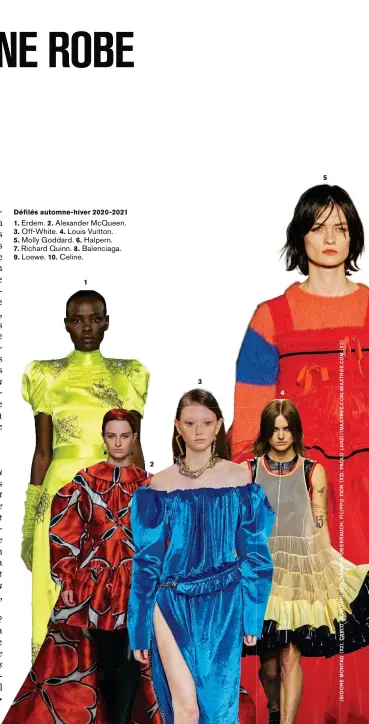  ??  ?? Défilés automne-hiver 2020-2021
1. Erdem. 2. Alexander McQueen. 3. Off-White. 4. Louis Vuitton. 5. Molly Goddard. 6. Halpern. 7. Richard Quinn. 8. Balenciaga. 9. Loewe. 10. Celine.