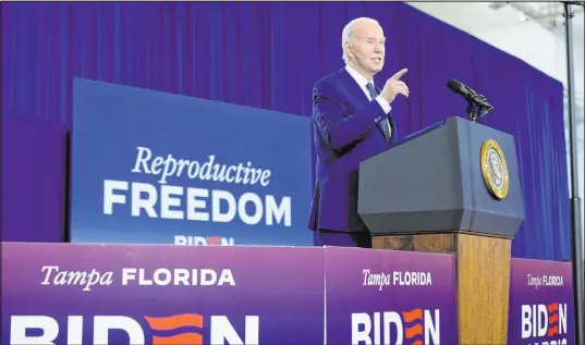  ?? Manuel Balce Ceneta The Associated Press ?? President Joe Biden speaks about reproducti­ve freedom on Tuesday at Hillsborou­gh Community College in Tampa, Fla.