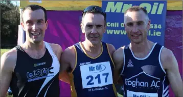  ??  ?? From left: Joe Lillis (United Striders, second), Niall Sheil (St. Killian’s, first), Pat Foley (Croghan, third).