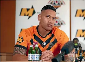  ?? GETTY IMAGES ?? Israel Folau speaks to the media during a press conference in Brisbane.