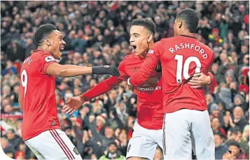  ??  ?? United’s gang of three: Anthony Martial, Mason Greenwood and Marcus Rashford