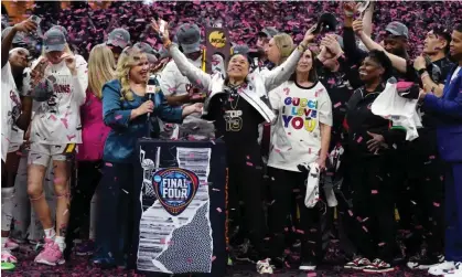  ?? Photograph: Kirby Lee/USA Today Sports ?? South Carolina Gamecocks head coach Dawn Staley celebrates after her team’s unbeaten season ended with the NCAA national title.