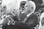  ?? TIM TAI TNS ?? New England Patriots owner Robert Kraft, left, talks with Philadelph­ia Eagles owner Jeffrey Lurie after the trophy ceremony after Super Bowl LII, at U.S. Bank Stadium in Minneapoli­s on Feb. 4, 2018.