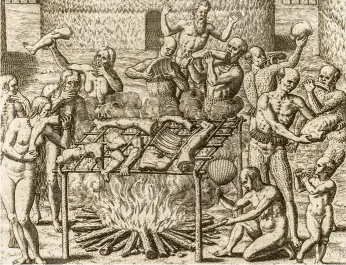  ??  ?? Gourmets del Nuevo Mundo.
En 1552, el soldado alemán Hans Staden –arriba, con barba, en una ilustració­n de Theodor de Bry– fue capturado por un grupo de antropófag­os en Brasil, con los que convivió durante nueve meses. El relato de sus peripecias fue...