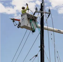  ?? Melissa Phillip/Staff photograph­er ?? Winter isn’t the only season to worry about the grid. Crews repair power lines in April 2019 after a tornado hit Pasadena.