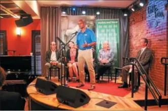  ?? LAUREN HALLIGAN — LHALLIGAN@DIGITALFIR­STMEDIA.COM ?? President of Turf Hotels Brian Straughter speaks at a press conference on Tuesday at Caffè Lena introducin­g the first-ever Freihofer’s Jazz Fest Friday.