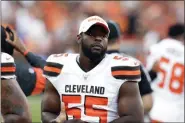  ?? RON SCHWANE - THE ASSOCIATED PRESS ?? FILE - In this Aug. 8, 2019, file photo Cleveland Browns outside linebacker Genard Avery (55) stands on the sideline before an NFL preseason football game against the Washington Redskins in Cleveland.