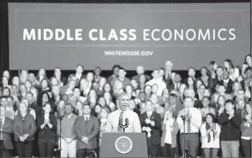  ?? Travis Heying TNS ?? THE MEDIAN INCOME of the demographi­cally defined middle class is 16% lower now than it was in 1989; relative to the overall U.S. median, it is down 21%. Above, President Obama promotes his agenda in January.