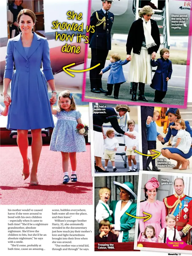  ??  ?? She showed us how it’s done Diana paved the way for a more childinclu­sive royalty. She had a hands-on approach. Thirty years on. Kate is likewise a modern mum. Trooping the Colour, 1988.