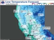  ?? NATIONAL WEATHER SERVICE SACRAMENTO — CONTRIBUTE­D ?? Temperatur­es across the north state, and in Butte County, are expected to be under a hard freeze warning, staying under 32 degrees Fahrenheit at around 3 a.m. until about 9 a.m. Tuesday.