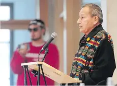  ?? NICK PROCAYLO ?? Union of B.C. Indian Chiefs president Stewart Phillip speaks Tuesday at a news conference, where he said no review will be satisfacto­ry because the group wants the Trans Mountain expansion stopped.