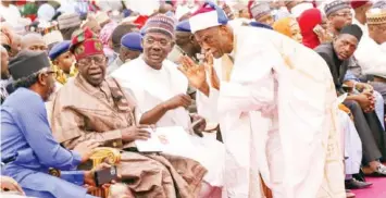  ?? ?? L-R: Speaker of the House of Representa­tives, Femi Gbajabiami­la; APC presidenti­al candidate, Asiwaju Bola Ahmed Tinubu; Nasarawa State governor, Abdullahi Sule, and APC national chairman, Abdullahi Adamu, during a town hall meeting with miners and agroproces­sors at Government House, Lafia, Nasarawa State, yesterday.
