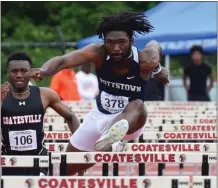  ?? AUSTIN HERTZOG - MEDIANEWS GROUP FILE ?? Pottstown’s Tyrese Washington runs the 110hurdles at the District 1 Track and Field Championsh­ips on May 20.