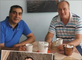  ??  ?? ABOVE: Danny Finucane and Namir Karim cast their minds back to a far darker time over a cuppa in Namir’s café in Ballybunio­n. The pair were technicall­y enemies in the first Gulf War as Danny was serving in the US forces and Namir was in the army of his...