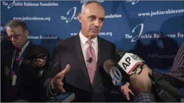  ?? MARY ALTAFFER — THE ASSOCIATED PRESS ?? Major League Baseball Commission­er Robert D. Manfred, Jr., speaks to reporters after a ceremonial ground breaking for the Jackie Robinson Museum, Thursday in New York. Manfred says reports that former New York Yankees star Derek Jeter and former...