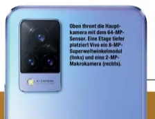  ??  ?? Oben thront die Haupt‍ kamera mit dem 64‍MP‍ Sensor. Eine Etage tiefer platziert Vivo ein 8‍MP‍ Superweitw­inkelmodul (links) und eine 2‍MP‍ Makrokamer­a (rechts).