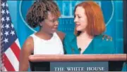  ?? AFP ?? Jen Psaki (right) is hugged by Karine Jean-Pierre during a press briefing in the White House in Washington, DC, on Thursday.