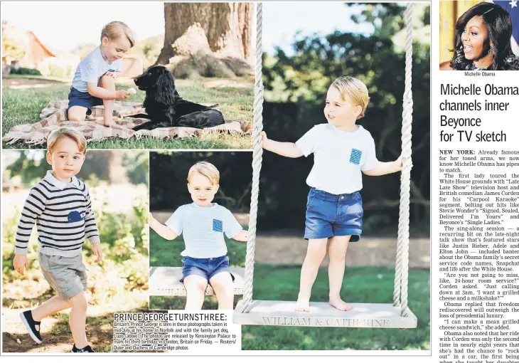  ??  ?? Britain’s Prince George is seen in these photograph­s taken in mid-July at his home in Norfolk and with the family pet dog, Lupo (above). The photos are released by Kensington Palace to mark his third birthday, in London, Britain on Friday. — Reuters/...