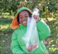  ??  ?? William Lowe shows off the apples he picked during a recent visit to Frecon Farms by kindergart­ners from Rupert Elementary School in Pottstown