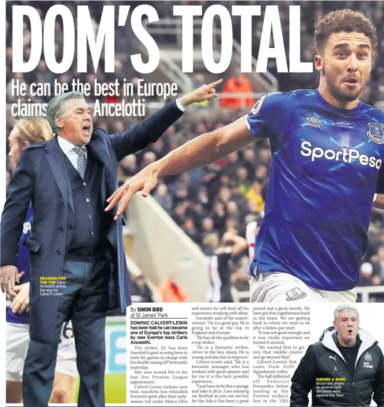  ??  ?? HEADING FOR THE TOP Carlo Ancelotti points the way for Calvert-lewin
HAVING A BAWL Bruce was angry as several tight decisions went against the Toon