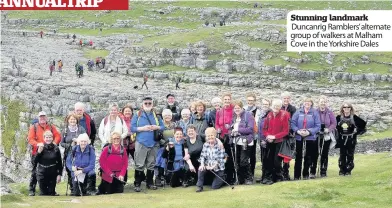  ??  ?? Stunning landmark Duncanrig Ramblers’alternate group of walkers at Malham Cove in the Yorkshire Dales