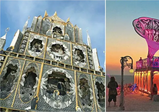  ??  ?? Da sinistra / From left to right, Totem of Confession­s di / by Michael Garlington, 2015; La Victrola allo spuntar del sole / at sunrise, 2017; il falò finale / the Man burning, 2016.