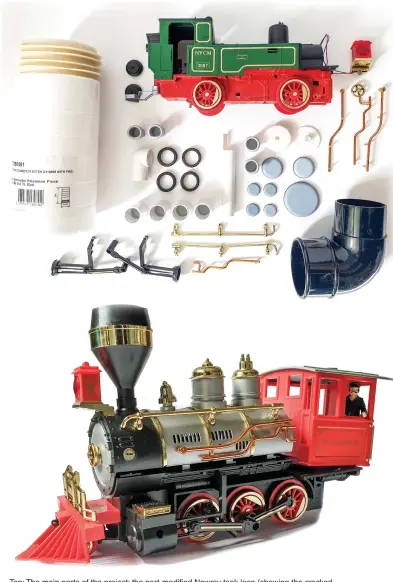  ??  ?? Top: The main parts of the project; the part-modified Newray tank loco (showing the cracked bodywork that made it very cheap to buy, with the various plumbing parts, and some of the selection of details stripped from an Echo Toys mogul (Below). By this point, I’d swapped the better wheels from the mogul onto the tank loco, but it led to massive problems with quartering, gear-binding, and issues with the coupling rods. Turning an 0-6-0 chassis to a 4-wheeler started a chain reaction of mistakes where the overly flexible plastic of the Newray rods, with a comedy twanging sound effect, explosivel­y dismantled everything until heavily reinforced with strips of Plastikard.