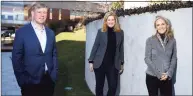  ?? Tyler Sizemore / Hearst Connecticu­t Media file photo ?? Oak HC/FT co-founders and managing partners Andrew Adams, left, Patricia Kemp, center, and Annie Lamont outside the Oak HC/FT office at Pickwick Plaza in Greenwich on March 8.