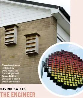  ??  ?? Tiered nestboxes installed by Dick. Right: the Cambridge Swift Tower. Bottom: Dick and a friend watch swiftcams.